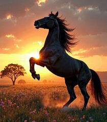Horse on the background of a sunset
