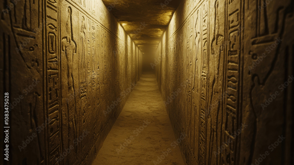 Aufkleber mysterious corridor with ancient hieroglyphics illuminated by warm light in an egyptian tomb setting