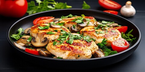 Pan-seared chicken with mushrooms, tomatoes, and herbs in a skillet for a healthy dinner