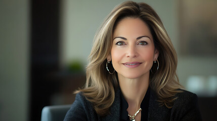 Fototapeta premium A female leader conducting a virtual meeting with her team from her home office, expression showing confidence and ease, soft lighting for a friendly and professional tone