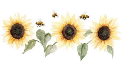 Naklejka premium Vibrant Watercolor Sunflowers with Busy Summer Bees