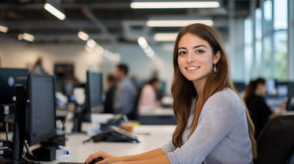 A female manager coordinating with employees in a large, open office space, her expression attentive, bright lighting to create a positive, collaborative work environment 
