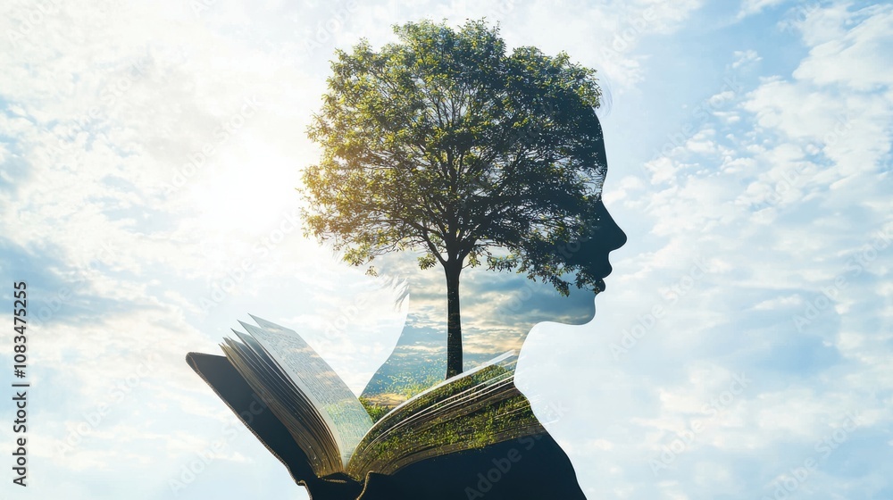 Poster explore the connection between nature and knowledge through a beautiful double exposure of a tree an