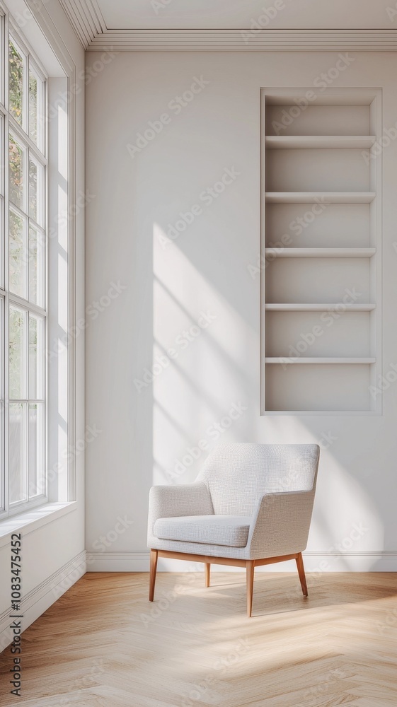 Poster a cozy, minimalist room featuring a patterned armchair, large windows casting shadows, and a simple 
