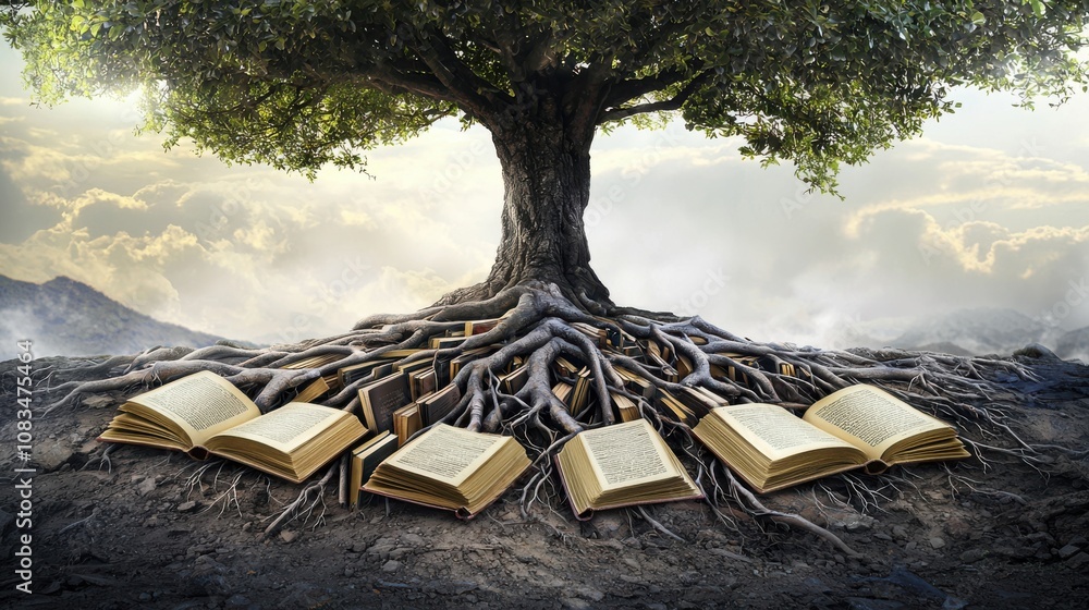 Poster explore the profound connection between knowledge and nature through the metaphorical imagery of boo