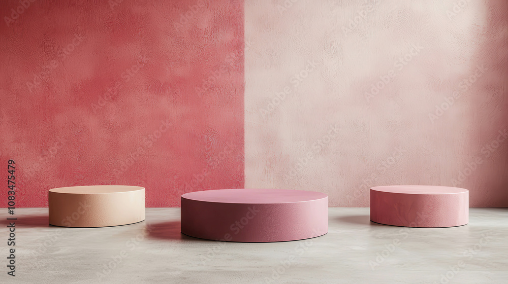 Poster abstract minimalist scene with soft pink circular platforms against subtle gradient walls for modern
