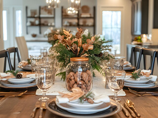 Fototapeta premium Elegant Fall Dining Table Setting with Rustic Decor, Warm Colors, Classic Tableware, and a Beautiful Centerpiece for Seasonal Gatherings