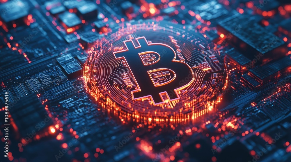 Poster stunning close-up of bitcoin symbol illuminated with digital neon effects on technological circuit b