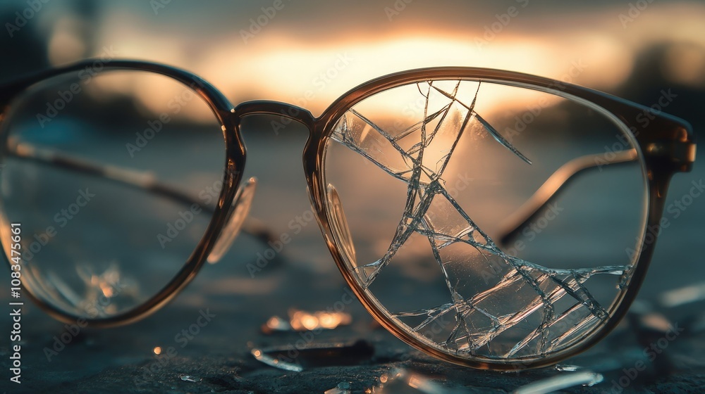 Poster close-up of broken glasses on a table with shattered pieces at sunset, highlighting the fragility of