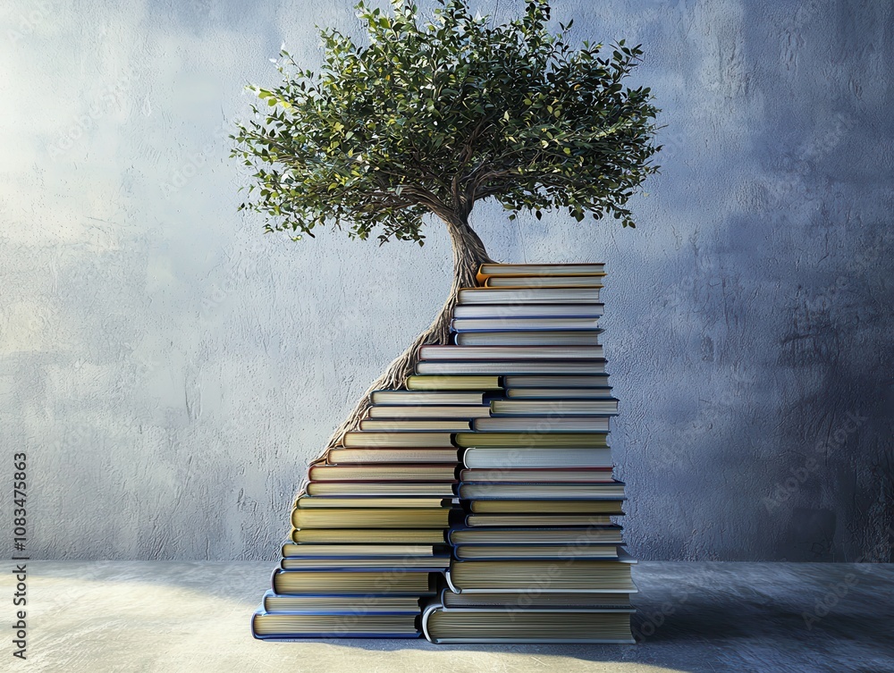 Poster a tree grows from stacked books symbolizing knowledge and nature's interconnection