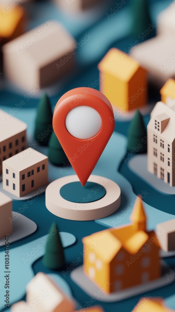 Poster a colorful 3d representation of a city with buildings and a prominent location pin highlighting a sp