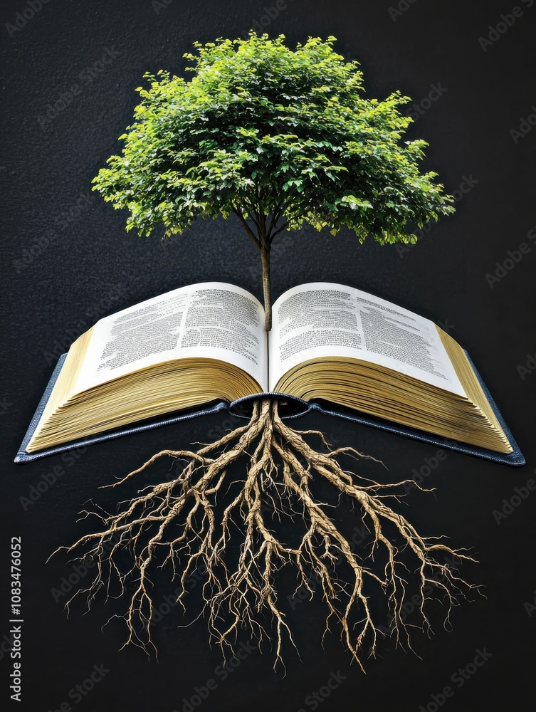 Poster explore the symbolism of growth how a tree emerges from an open book to represent knowledge and natu