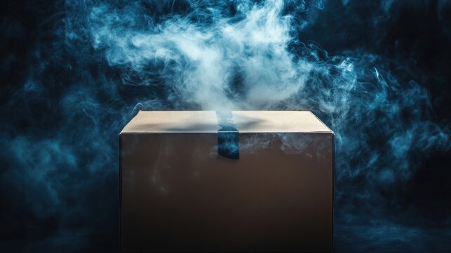 Mysterious cardboard box with smoke emanating from it, placed against a dark background, creating an enigmatic vibe