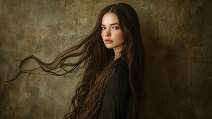Fototapeta premium Portrait of a beautiful long-haired woman with an elegant expression. The long-haired woman exudes charm and grace, captured in a photo style with ample copy space.