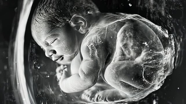 Precious Beginnings: A black and white image of a fetus peacefully sleeping in a amniotic sac, symbolizing the miracle of life and the preciousness of new beginnings.