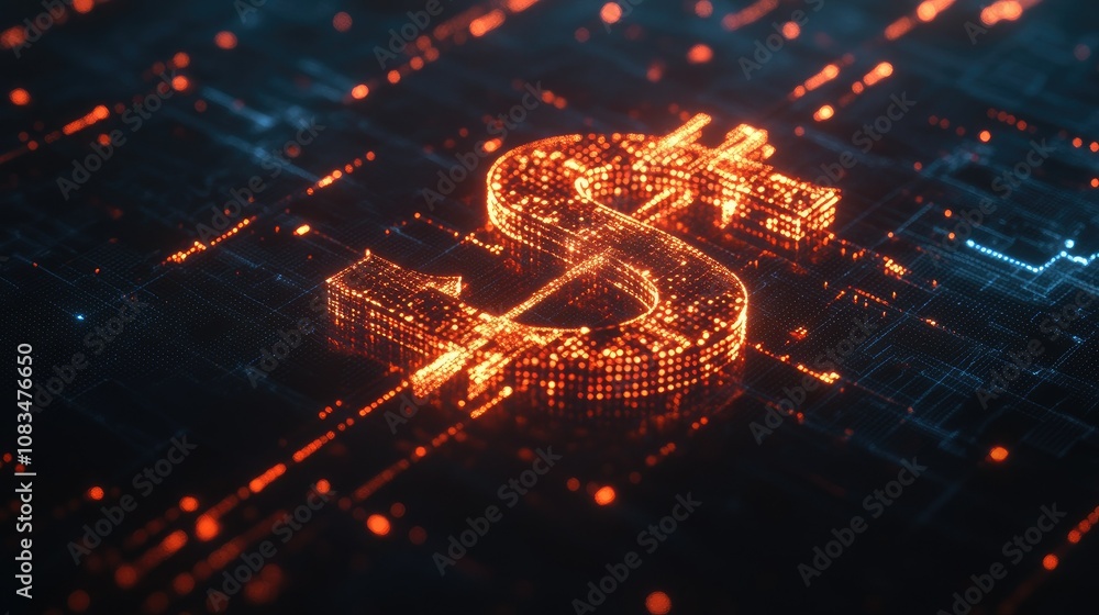 Poster glowing digital dollar symbol in a high-tech conceptual background representing modern finance and c
