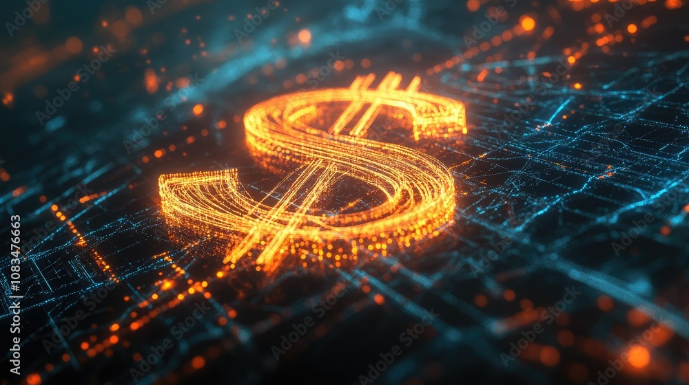 Poster glowing digital dollar sign over an abstract background representing financial technology and data v