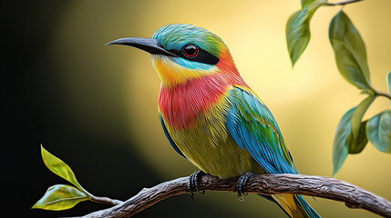Obraz premium A colorful little bird with vibrant feathers, looking at the camera.