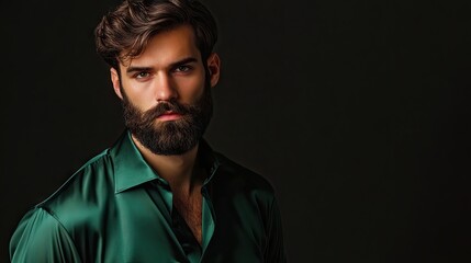Obraz premium Stylish man with a beard dressed in a green silk blouse, exuding elegance and sophistication. The photo offers ample copy space for fashion-related content.
