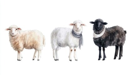 Charming Watercolor Fluffy Sheep with Scarves