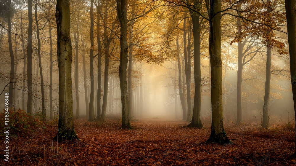 Poster misty autumn forest with tall trees, fallen leaves, and soft light filtering through dense fog creat