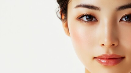 Fototapeta premium Attractive Asian woman with a fresh, clean face presents a focus on facial treatment, cosmetology, and beauty. The image emphasizes smooth, healthy skin and beauty. Ideal for makeup and spa themes.