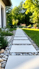 Obraz premium A pathway lined with stepping stones and decorative rocks, surrounded by greenery in a peaceful outdoor setting.