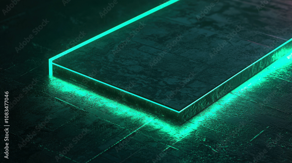 Poster futuristic abstract background with neon green highlighted rectangle on dark textured surface, ideal