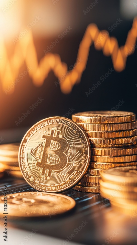 Aufkleber a close-up of stacked bitcoin coins with a rising graph in the background, symbolizing cryptocurrenc
