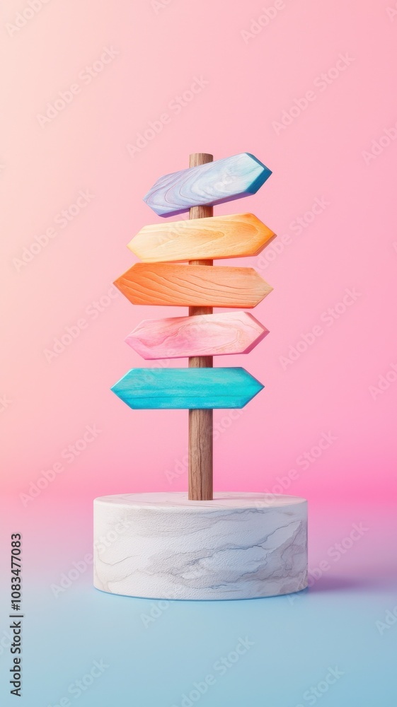 Poster a colorful wooden signpost with multiple arrows pointing in different directions, set against a soft