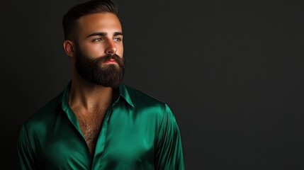 Obraz premium Stylish man with a beard dressed in a green silk blouse, exuding elegance and sophistication. The photo offers ample copy space for fashion-related content.