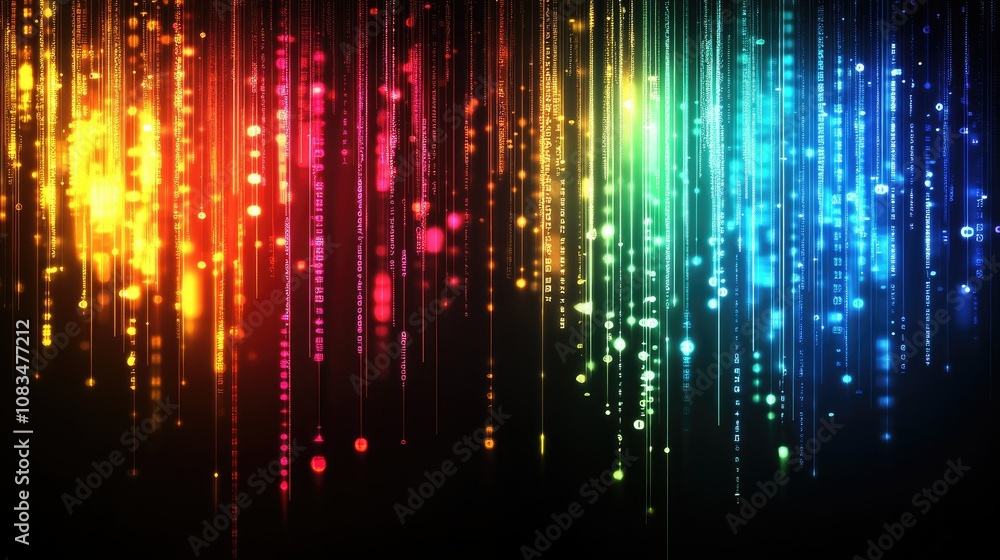 Poster vibrant abstract light trails in spectrum of colorful hues illuminating a dark background with glowi