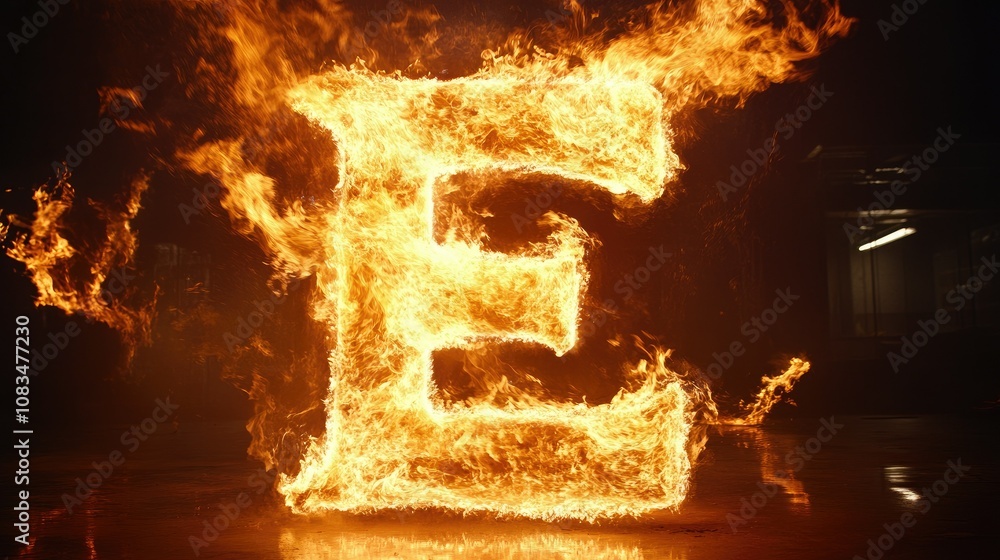 Poster Flaming Letter E Illuminated in Bright Orange and Yellow Flames Against a Dark Background Creating a Powerful Visual Impact and Dynamic Energy Representation