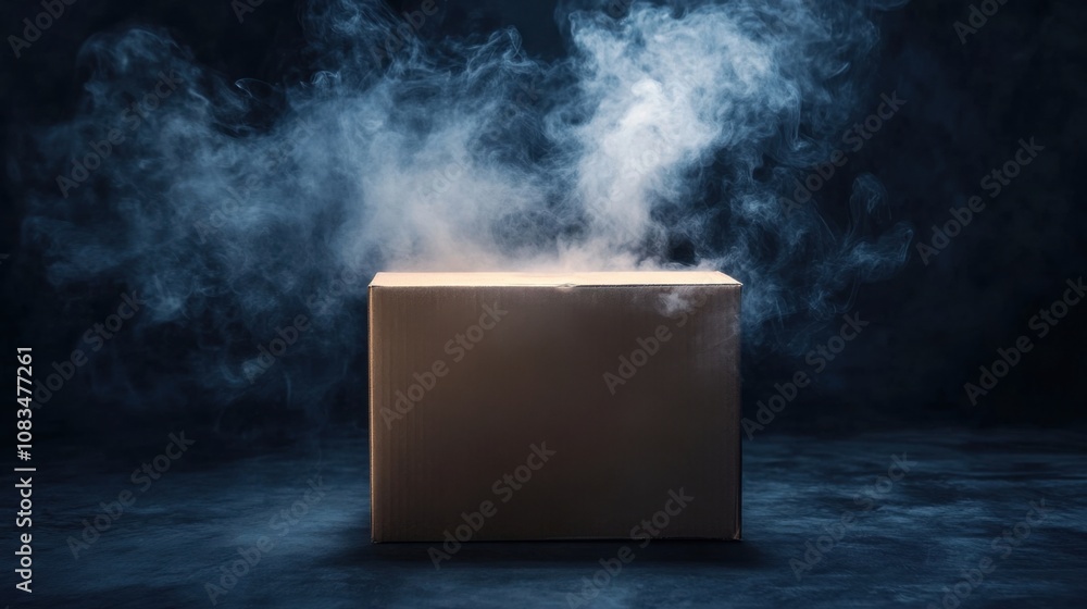 Poster mysterious cardboard box with smoke emanating from it, placed against a dark background, creating an