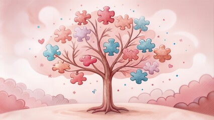 Tree with colorful puzzle piece leaves in pastel illustration