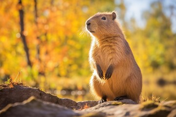 A capybara standing alert on a rocky terrain, its body positioned to showcase its size and features. The sunlight casts a warm glow on its fur, accentuating the animal's robust build.