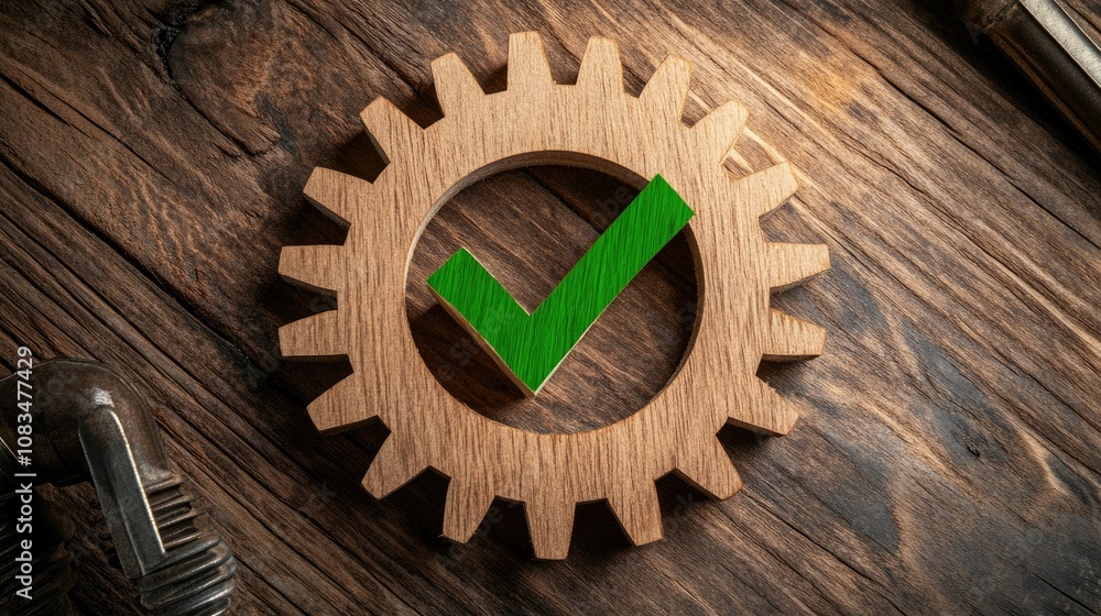 Poster a green check mark inside a wooden gear symbolizing approval and efficiency on a rustic wooden backg