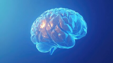 Fototapeta premium Glowing polygonal brain set against a blue background, highlighting the intricate design with ample copy space for text, presented in a detailed 3D rendering style.