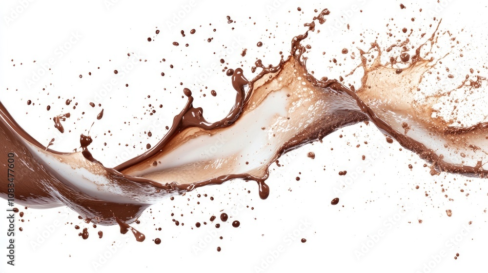 Poster chocolate milk and yogurt splashes create dynamic patterns, isolated against a white background, per