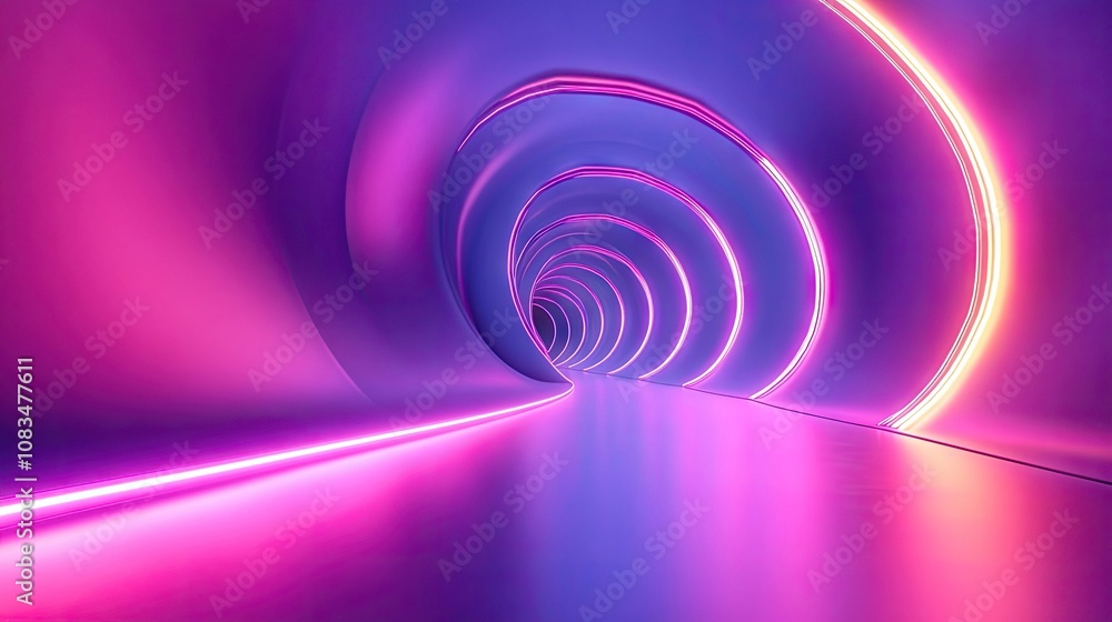 Poster 3d render of a space tunnel, highlighting cosmic neon light with curvature and glowing lines. this a