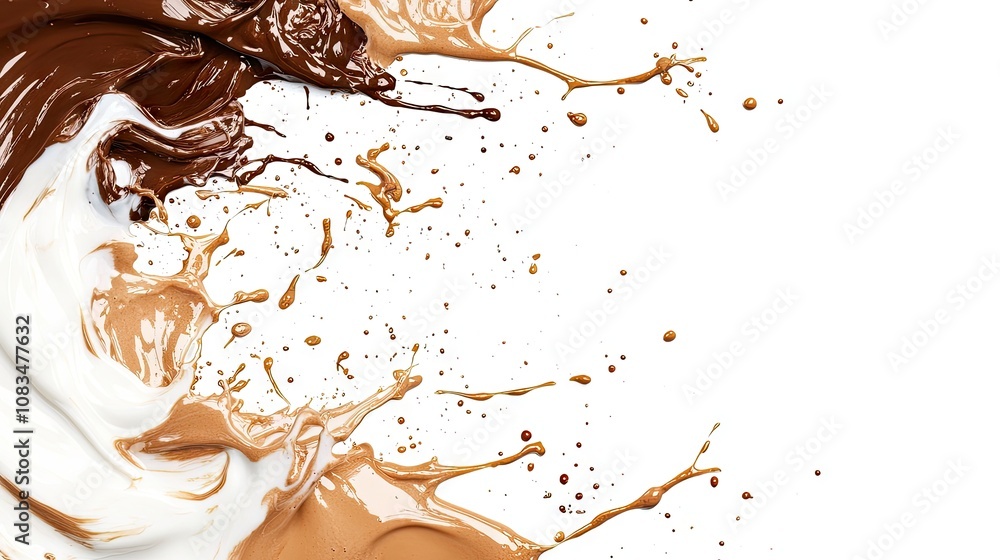 Poster chocolate milk and yogurt splashes create dynamic patterns, isolated against a white background, per
