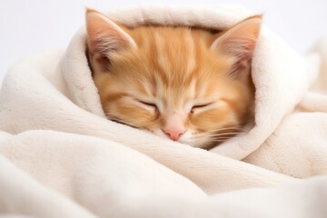 A charming British kitten with a soft orange coat and white markings on its face, nestled comfortably in a soft blanket. Its sleepy eyes are half-closed