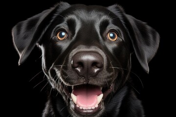 Fototapeta premium A cheerful black Labrador with an expressive face, panting and looking enthusiastically at the camera. Its bright eyes convey excitement, and its ears perk up, highlighting its friendly demeanor