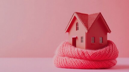 Red model house wrapped in a knitted scarf on a pastel background, symbolizing home insulation for winter comfort