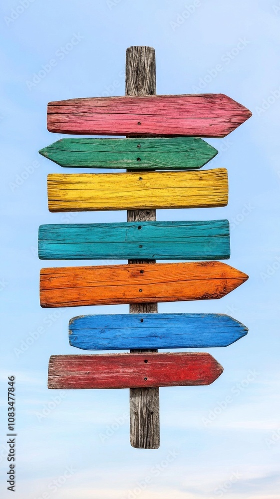 Poster a colorful wooden signpost with several directional arrows pointing in different directions against 