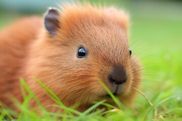 A close-up of a baby capybara nestled in soft grass, its tiny paws outstretched and eyes wide with curiosity. The scene captures the adorable features and texture of its fur