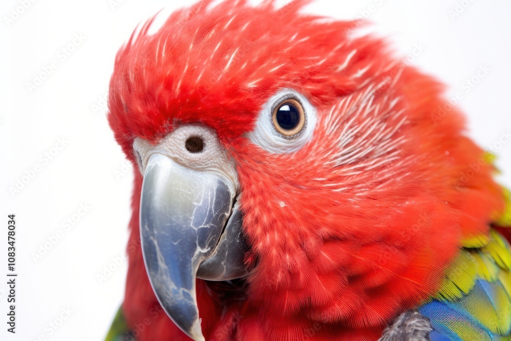 Poster a close-up of a parrot with striking red plumage, featuring intricate feather patterns and a strong,