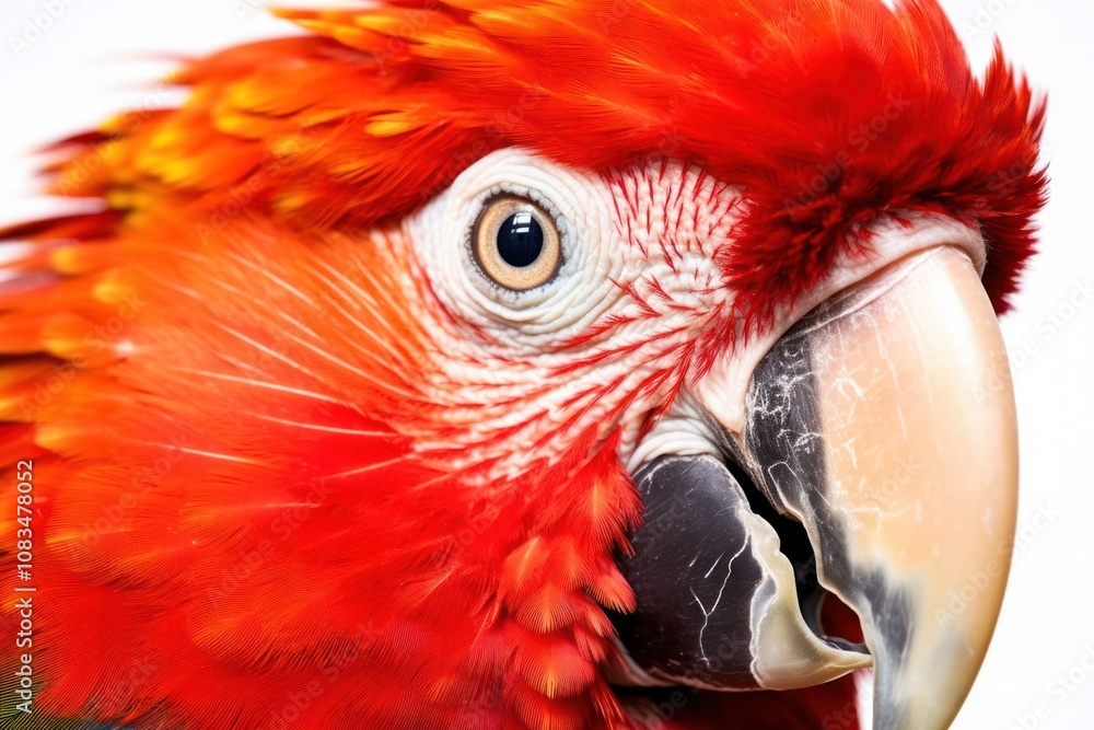 Poster a close-up of a parrot with striking red plumage, featuring intricate feather patterns and a strong,