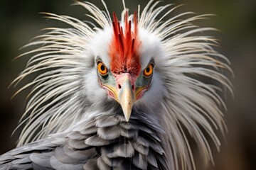 Obraz premium A close-up of a secretary bird highlights its intricate feather patterns and vibrant colors, with a focus on its elegant long legs and unique crest. The image captures the bird in a poised stance