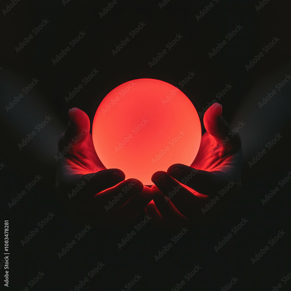Poster mysterious red light orb held in hands against dark background, creating an intriguing contrast and 